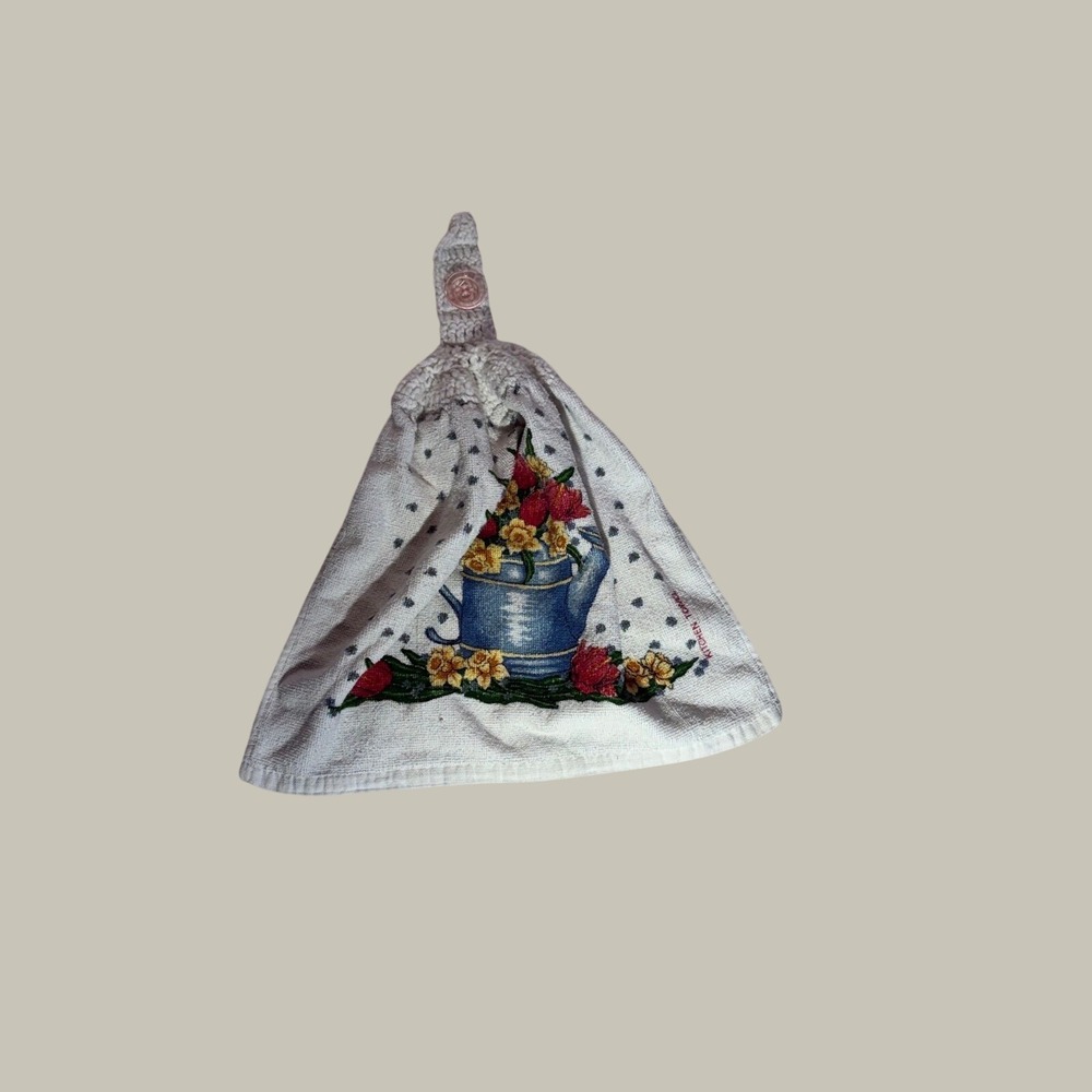 Vintage Hanging Kitchen Towel Crochet Top Watering Can Floral Hearts White Pink